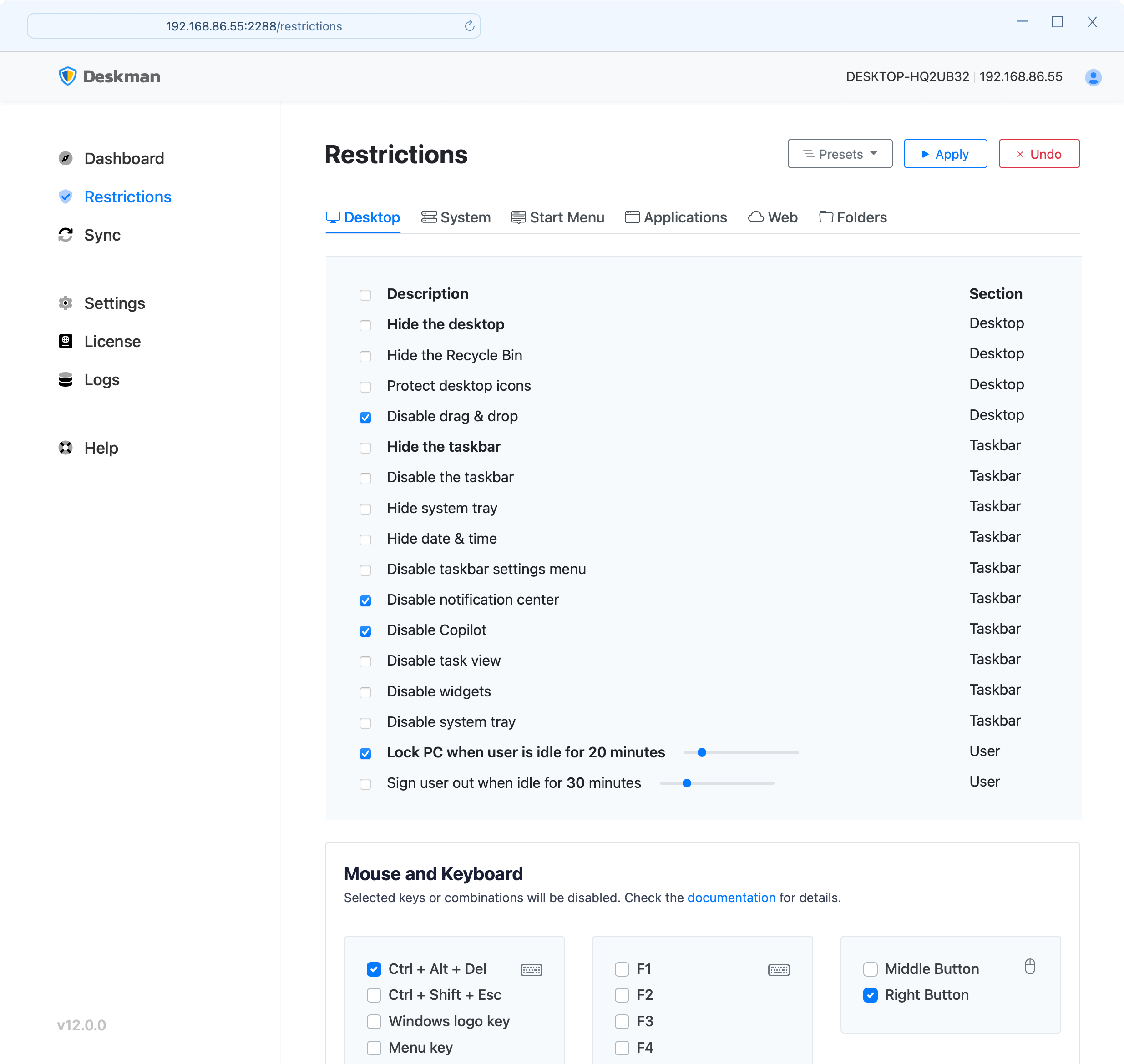 Deskman Desktop Restrictions